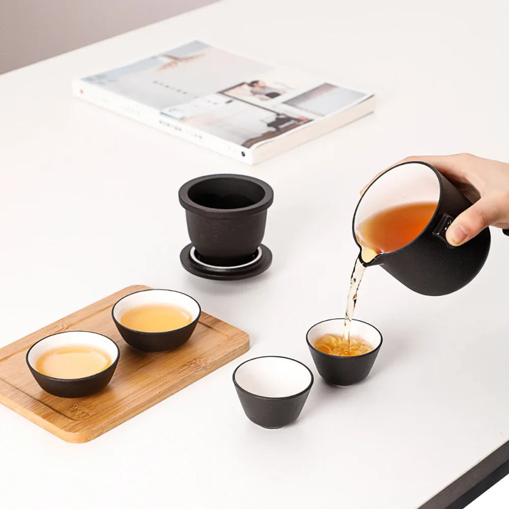 HMLOVE Ceramic Teapot Set – 1 Pot & 4 Cups Chinese Kung Fu Gaiwan with Strainers, 260ML Portable Travel Teaware Gift for Business