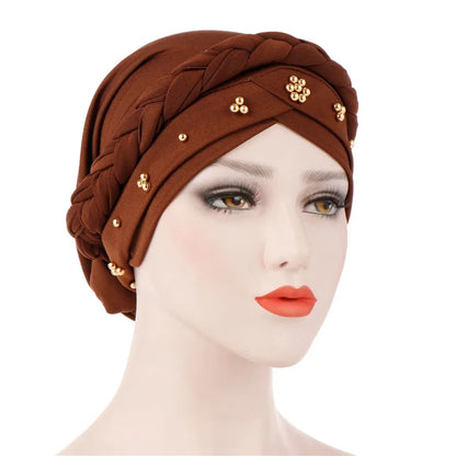Women’s Cotton Head Scarf – Solid Turban Bonnet Hijab Cap with White Pearl Inner, Muslim Arab Wrap