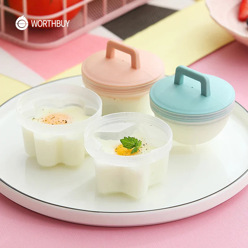 WORTHBUY 4 Pcs Cute Egg Cooker Tools Set - Plastic Egg Boiler Poacher with Brush for Kid-Friendly Baking, Egg Mold Maker, and Kitchen Accessories