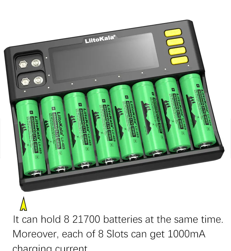 LiitoKala Lii-S12/Lii-S8 Battery Charger – LCD 18650, 21700, 26650, 26700, 20700, 18350, 9V IMR, NiMH/Cd, AA & AAA Rechargeable Batteries
