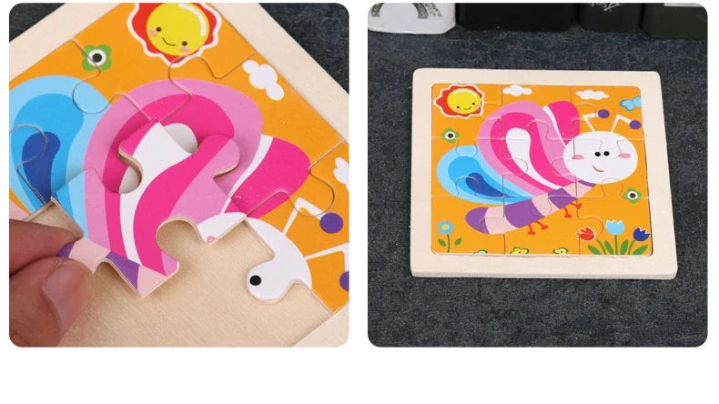 11cm Kids Wooden Jigsaw Puzzle – Cartoon Animal & Vehicle Montessori Educational Toys