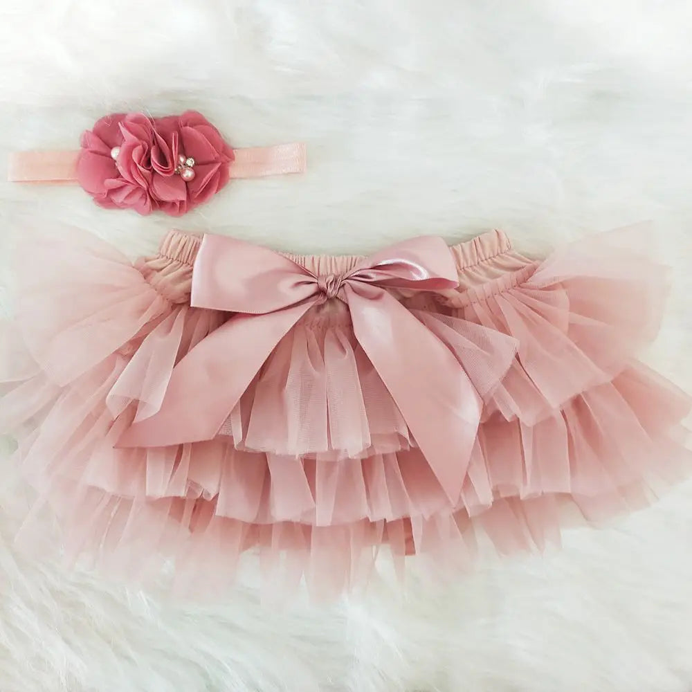 Baby Girl Tutu Bloomers Set - Newborn Tulle Lace Diaper Cover with Flower Headband Outfit