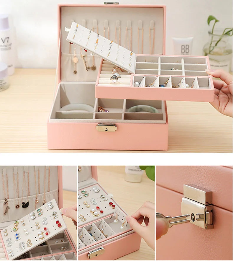 Double-Layer Wooden Jewelry Box – PU Leather Ring & Accessory Organizer with Storage and Makeup Case