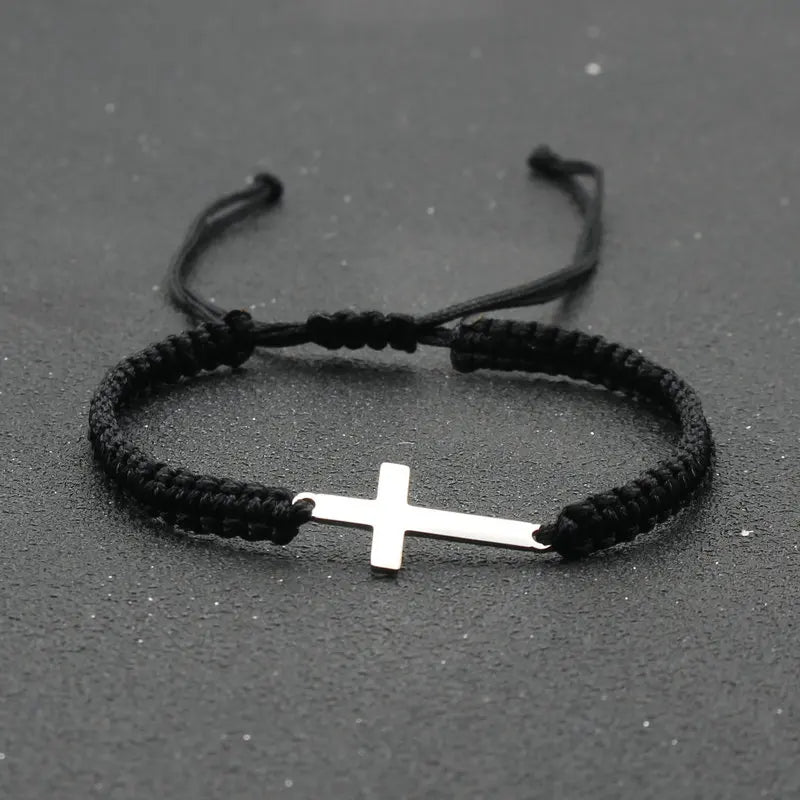 Stainless Steel Cross Charm Bracelet - Handmade Adjustable Braided Rope Chain Couple Jewelry for Women & Men