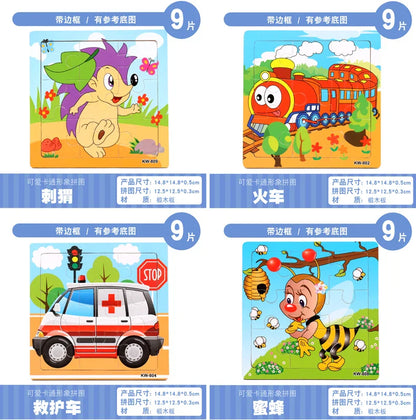 Hot Sale 9/12-Piece Wooden Puzzle Set — Cartoon Vehicles & Animals Educational Learning Toys for Kids, Perfect Gift