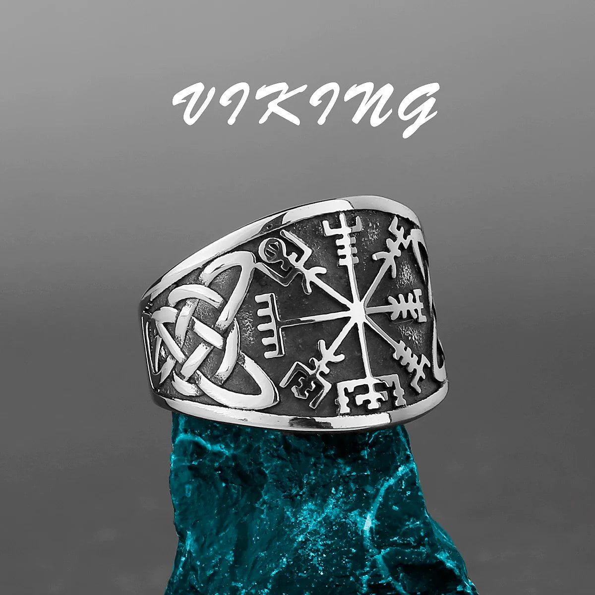 Nordic Viking Stainless Steel Ring - Compass Tree of Life Rune Wolf Amulet Jewelry for Men & Women