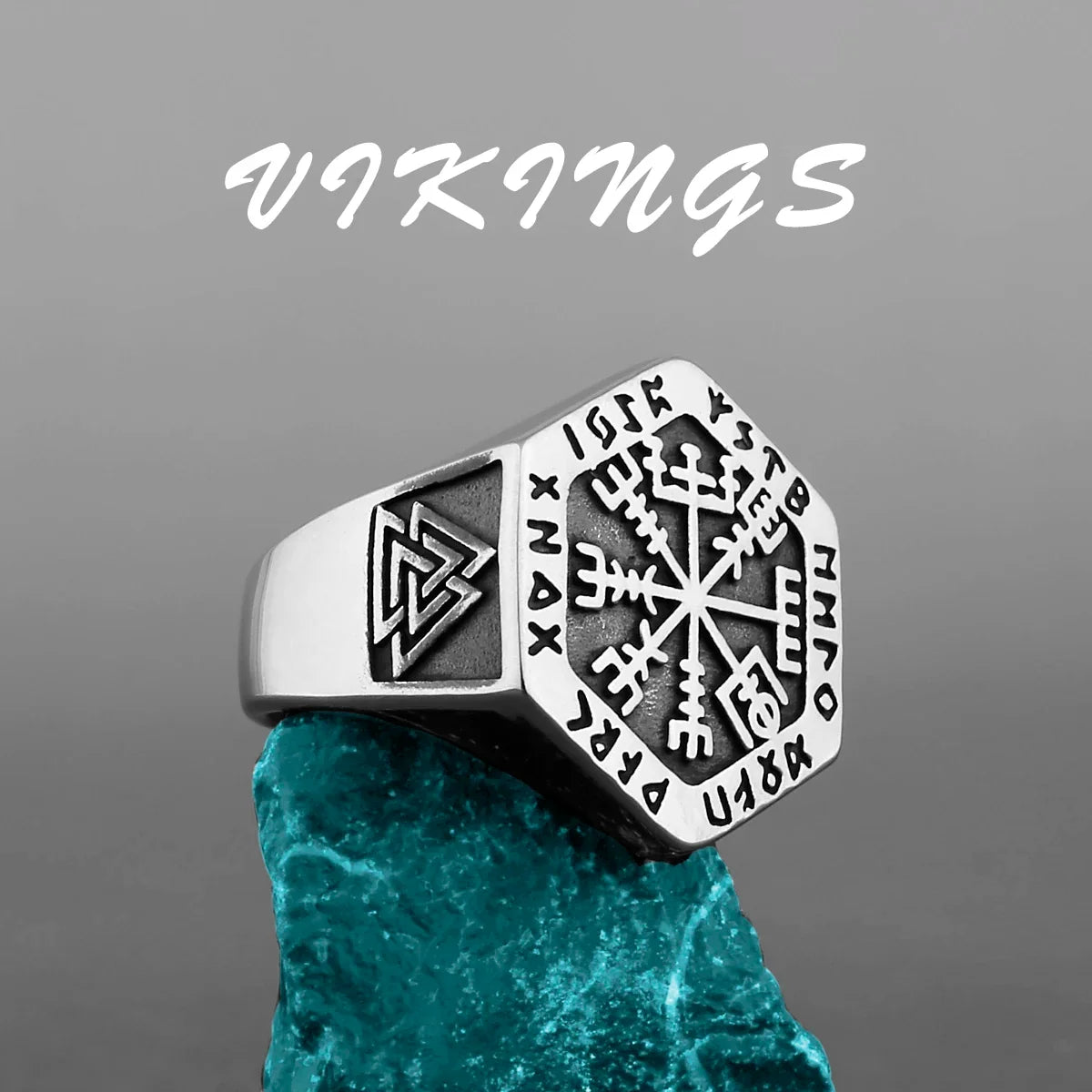 Nordic Viking Stainless Steel Ring - Compass Tree of Life Rune Wolf Amulet Jewelry for Men & Women