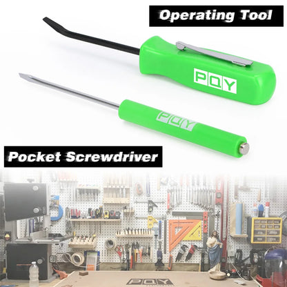Mini Pocket Clips Screwdriver with Strong Magnetic Slotted Tip + Pocket Pry Bar - Short Angled Handy Tool with 4-Sided Grip