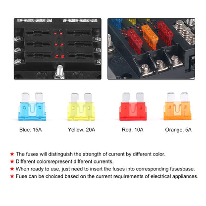 6/12-Way Car & Boat Fuse Box – Waterproof Blade Fuse Block with LED Indicator (12V/32V Auto Marine Power Distribution Panel)