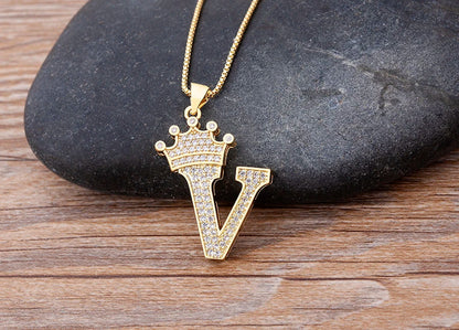 Nidin Luxury A-Z Crown Alphabet Pendant – Copper Zircon Initial Necklace Chain, Hip-Hop Style Jewelry for Men & Women