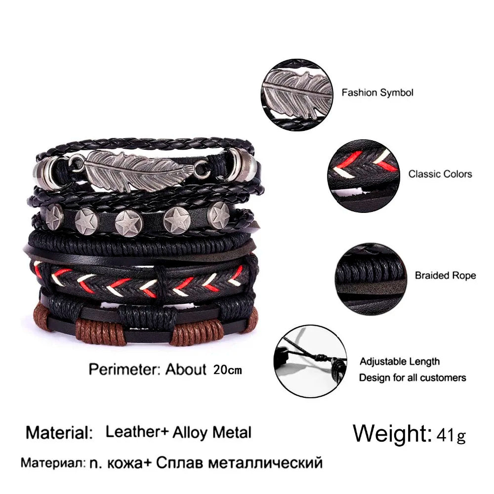 Men's Vintage Multilayer Leather Braid Bracelet - Handmade Star, Leaf & Owl Rope Wrap Bangle, Male Gift Jewelry