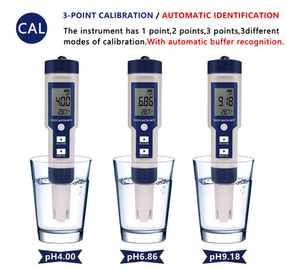 5 in 1 PH Meter Water Quality Tester - Digital TDS, EC, PH, Salinity & Temperature Meter for Pools & Aquariums with Backlight