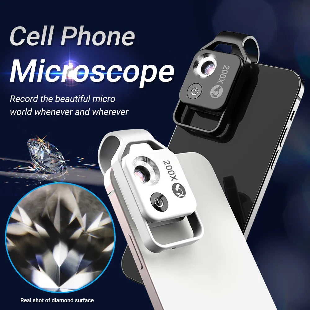 APEXEL Digital 200X Microscope Lens with Mobile LED Guide Light - Micro Pocket SuperMacro Lens for iPhone, Samsung Phones