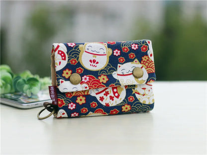 Handmade Three-Fold Fabric Wallet — Short Zipper Purse for Women & Men, Multi-Function Card & Key Holder for Teens