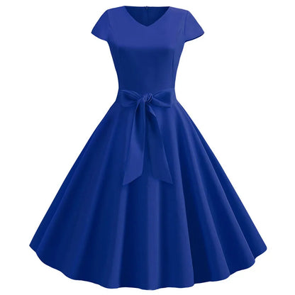 Women Vintage Summer Dress - V Neck Short Sleeve Swing Party Dress With Belt