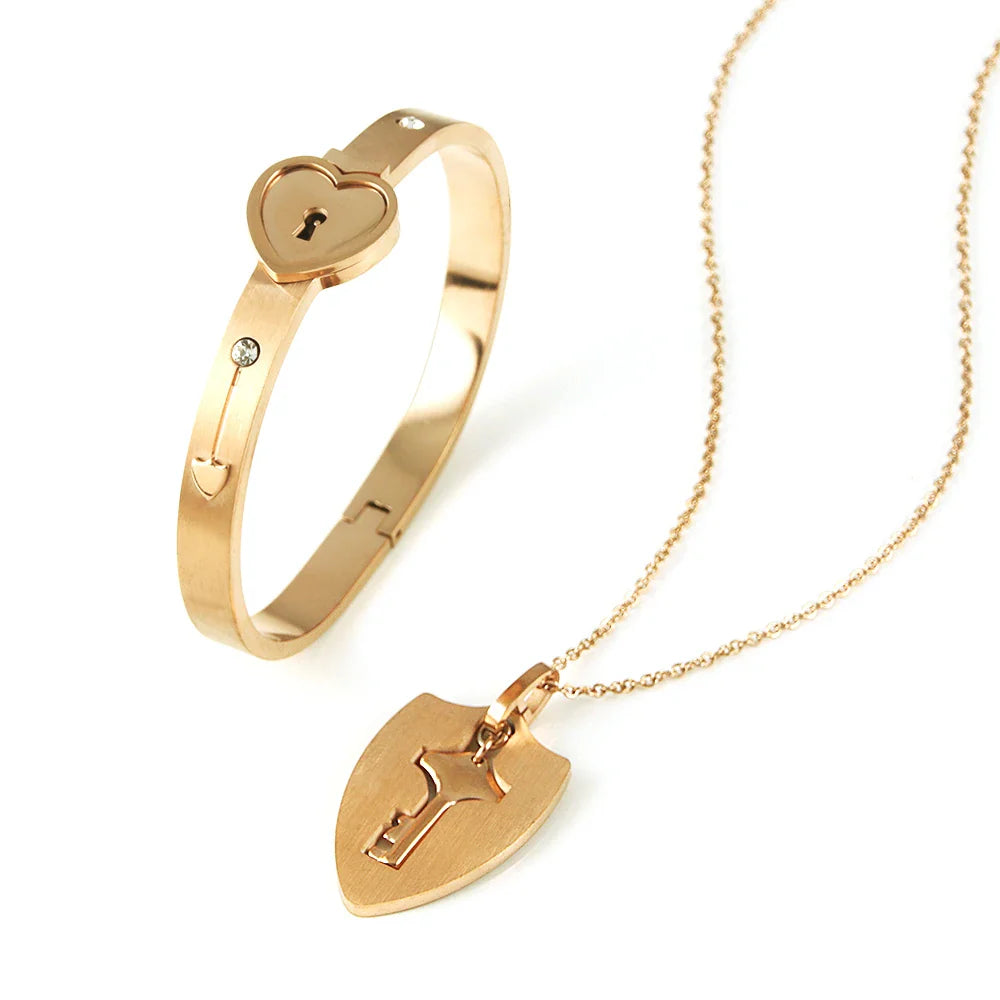 Couple Jewelry Set – Stainless Steel Love Heart Lock Bracelets & Key Pendant Necklace for Men & Women Gift