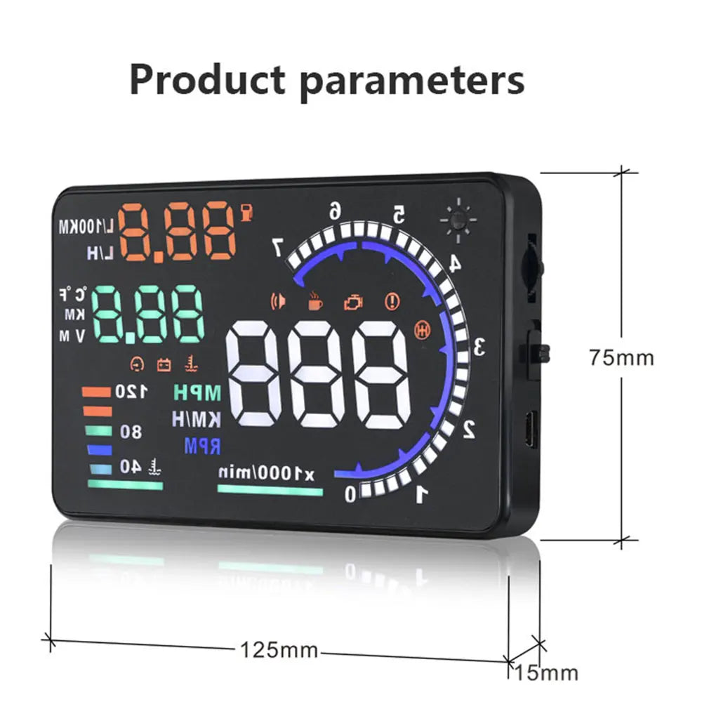 ADQ 5.5" OBD2 HUD Car Head-Up Display – Digital Speedometer, Tachometer, Windshield Projector with Speed, Water Temp & RPM Alarm