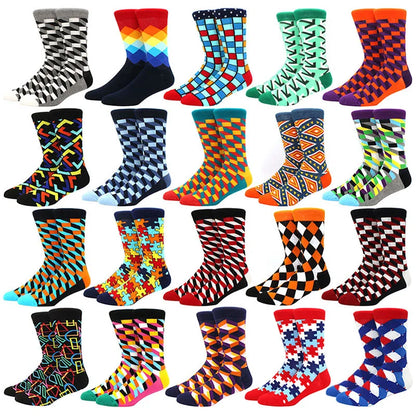 Men’s Funny Argyle Diamond Pattern Cotton Socks – Large Size 3D Geometric Crew Tube Socks, Combed Cotton Casual Novelty Socks