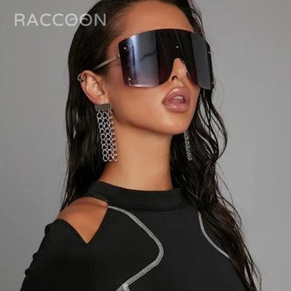 Oversized Women Blue Yellow Gradient Huge Sunglasses: Curved Fashion Rimless Metal Shades for Personality Massive Female Eyewear Prop