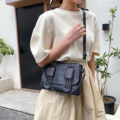 Vintage Skull Rivet PU Leather Shoulder Bag — Women’s Black Crossbody Flap Messenger Handbag