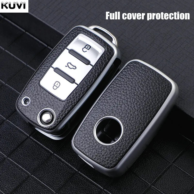 Leather TPU Car Key Case Cover for Volkswagen & Skoda – Fits Polo, Golf, Passat, Tiguan, Beetle, Caddy, T5, Up, Eos, Octavia, Seat Leon, Altea