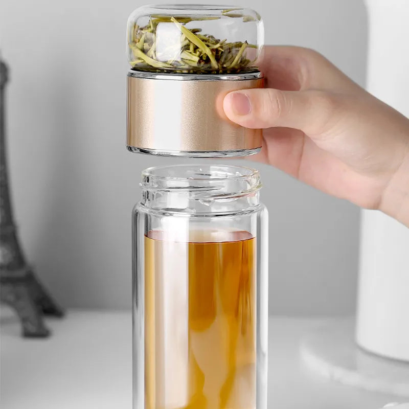 390ML High Borosilicate Glass Tea Water Bottle - Double Layer Tea Infuser Tumbler Cup Drinkware with Tea Filter