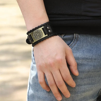Totem Design Wide Leather Pirate Compass Bracelet - Men's Celtic Viking Jewelry, Party Gift Accessories