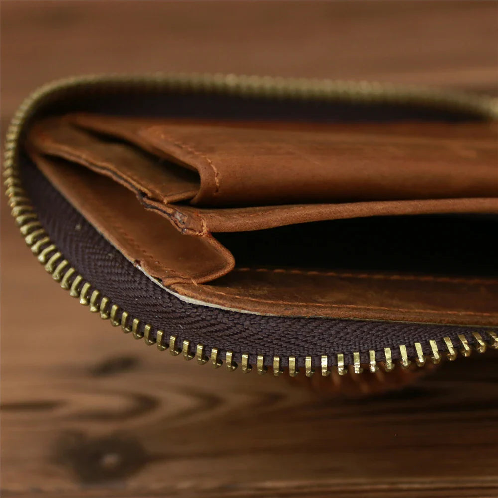 Men’s Genuine Leather Zipper Wallet – Compact Short Purse with Credit Card Slots, Cash & Coin Pocket