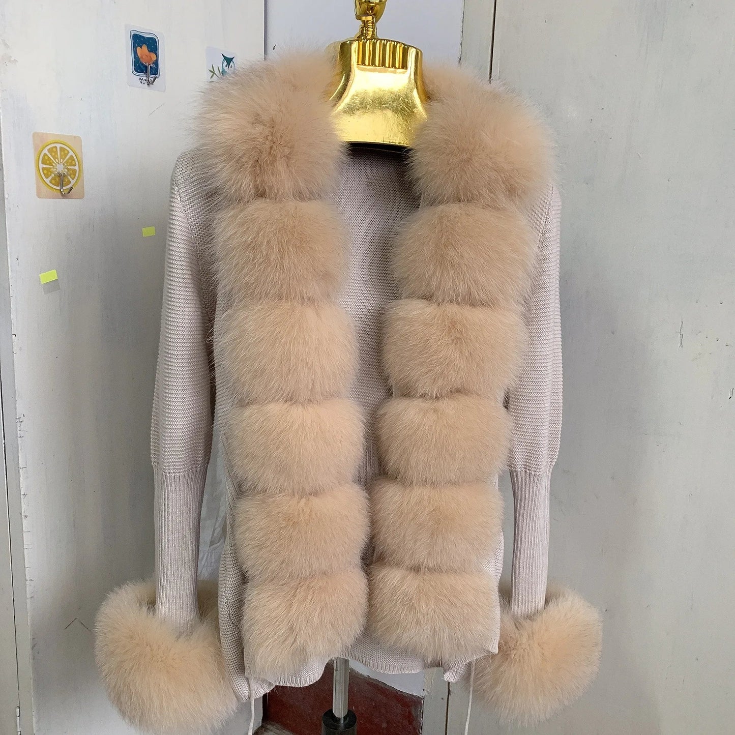Women’s Spring & Autumn Sweater Cardigan – Real Fox Fur Collar Jacket, Natural Fur Outerwear
