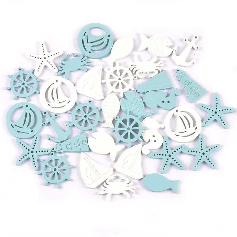 20PCS Ocean Theme Blue & White Wood Slice Embellishments – DIY Scrapbooking, Crafts & Home Decor