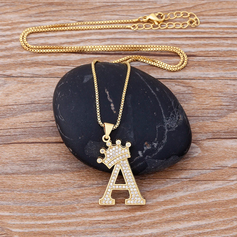 Nidin Luxury A-Z Crown Alphabet Pendant – Copper Zircon Initial Necklace Chain, Hip-Hop Style Jewelry for Men & Women