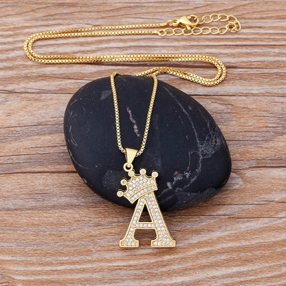 Nidin Luxury A-Z Crown Alphabet Pendant – Copper Zircon Initial Necklace Chain, Hip-Hop Style Jewelry for Men & Women