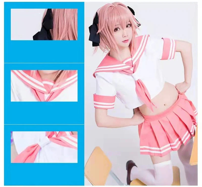 Fate Grand Order Astolfo Cosplay Costume – Fate Apocrypha Rider JK Uniform Sailor Suit Skirt for Women, Halloween