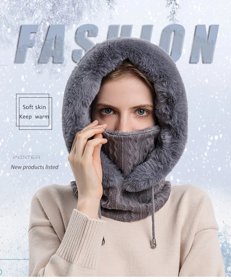 Winter Fur Cap Mask Set – Hooded Knitted Cashmere Neck Warmer, Plush Windproof Balaclava Ski Beanie for Women