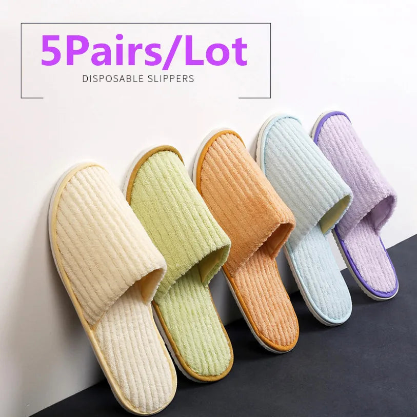 5 Pairs Mix Color Disposable Hotel Slippers – Cotton Non-Slip Slides for Men & Women Home, Travel, SPA & Hospitality Use