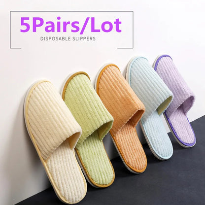 5 Pairs Mix Color Disposable Hotel Slippers – Cotton Non-Slip Slides for Men & Women Home, Travel, SPA & Hospitality Use