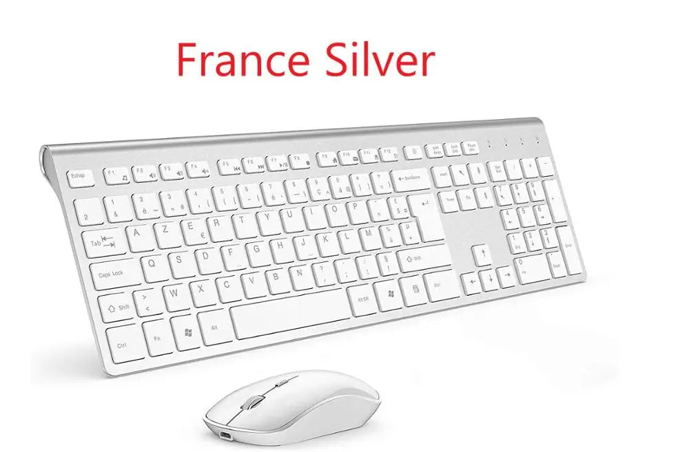 France Layout Wireless Keyboard and Mouse Combo – Full-Size Slim AZERTY Numeric Keypad, Rechargeable Built-In Battery Set