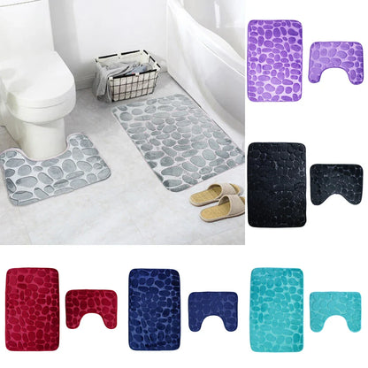 2PC Set Funnel Cobblestone Anti-Slip Bathroom Mat - Toilet Rug, New Bath Mat Set
