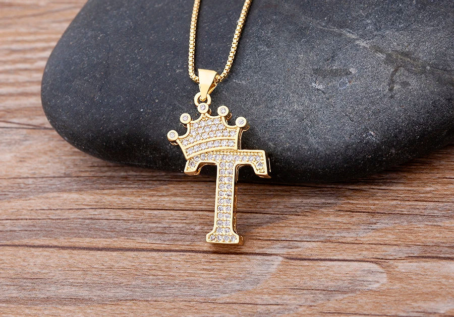 Nidin Luxury A-Z Crown Alphabet Pendant – Copper Zircon Initial Necklace Chain, Hip-Hop Style Jewelry for Men & Women