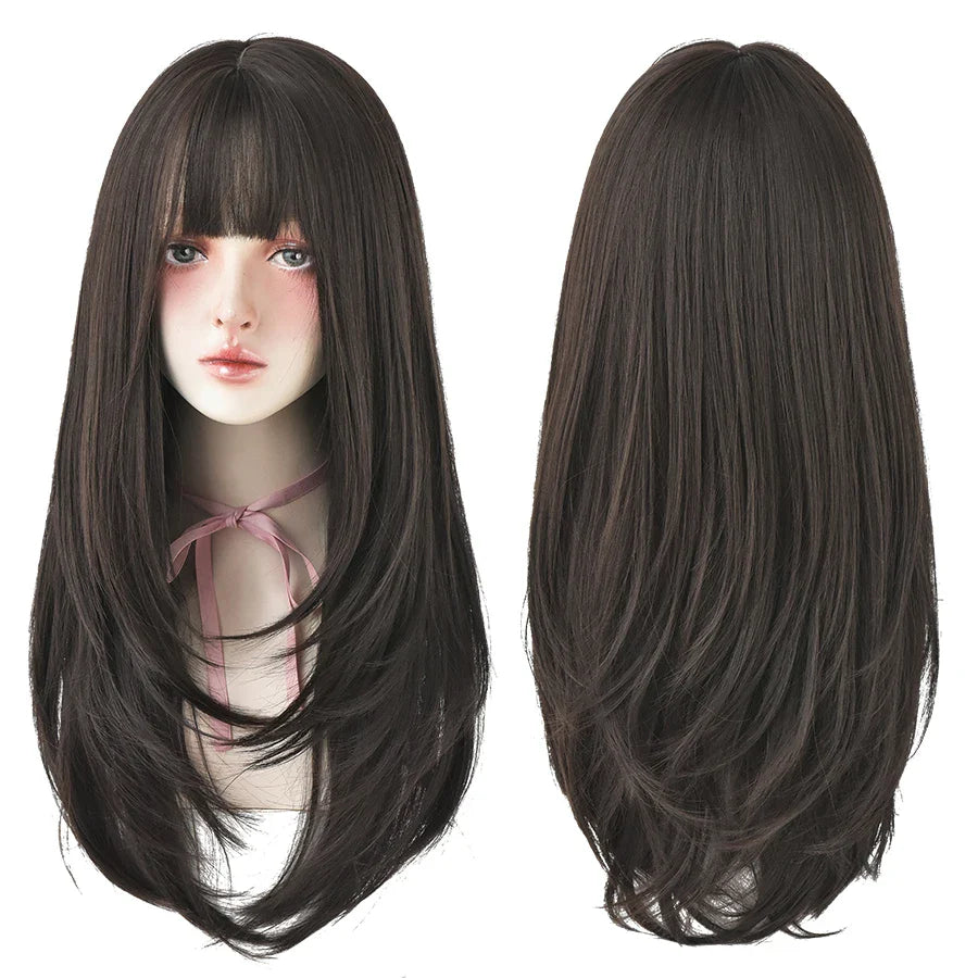 7JHHWIGS Long Straight Light Brown Synthetic Wig with Bangs – Heat-Resistant Daily Wear Wig for Women