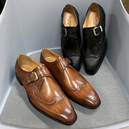 Men’s Luxury Leather Dress Shoes – Italian Wingtip Oxfords & Monk Strap Buckle Brogue for Business, Wedding & Formal Wear