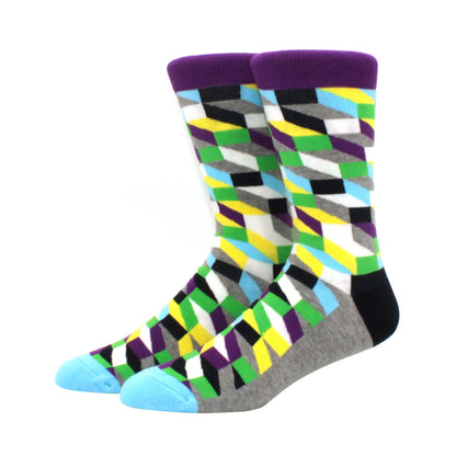 Men’s Funny Argyle Diamond Pattern Cotton Socks – Large Size 3D Geometric Crew Tube Socks, Combed Cotton Casual Novelty Socks