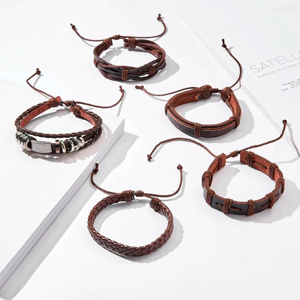 Men's Vintage Multilayer Leather Braid Bracelet - Handmade Star, Leaf & Owl Rope Wrap Bangle, Male Gift Jewelry