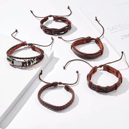 Men's Vintage Multilayer Leather Braid Bracelet - Handmade Star, Leaf & Owl Rope Wrap Bangle, Male Gift Jewelry
