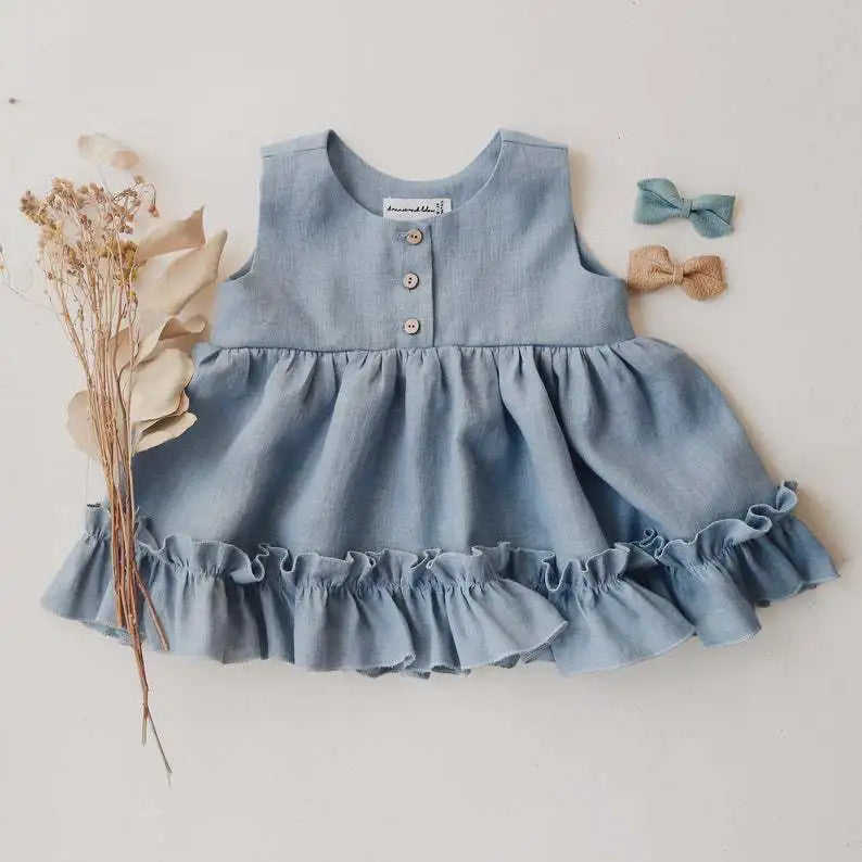 Baby Girls Cotton Linen Tutu Dress - 3 Layer Summer Ruffle Lace Strap Breathable Cake Dress Outfit