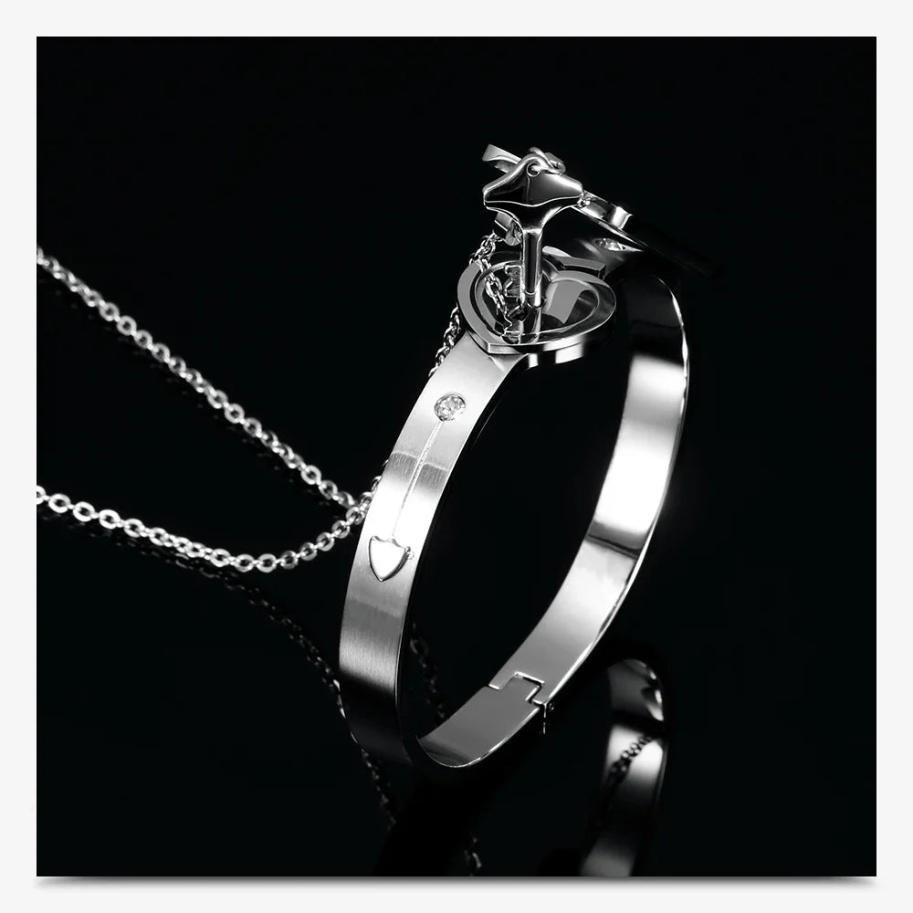 Couple Jewelry Set – Stainless Steel Love Heart Lock Bracelets & Key Pendant Necklace for Men & Women Gift