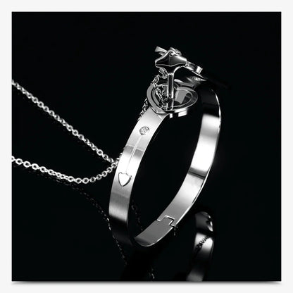 Couple Jewelry Set – Stainless Steel Love Heart Lock Bracelets & Key Pendant Necklace for Men & Women Gift