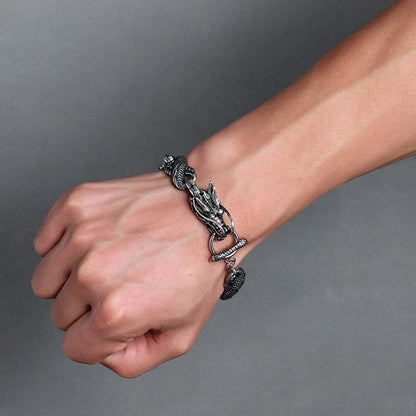 Ethnic Wind Dragon Bracelet – Vintage Silver Plated Cuff Bangle, Motorcycle Riding Charm Jewelry Gift for Men