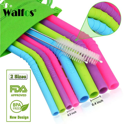 WALFOS 5-Piece Reusable Silicone Straws Set - Extra Long, Flexible Straws for Bar Accessories