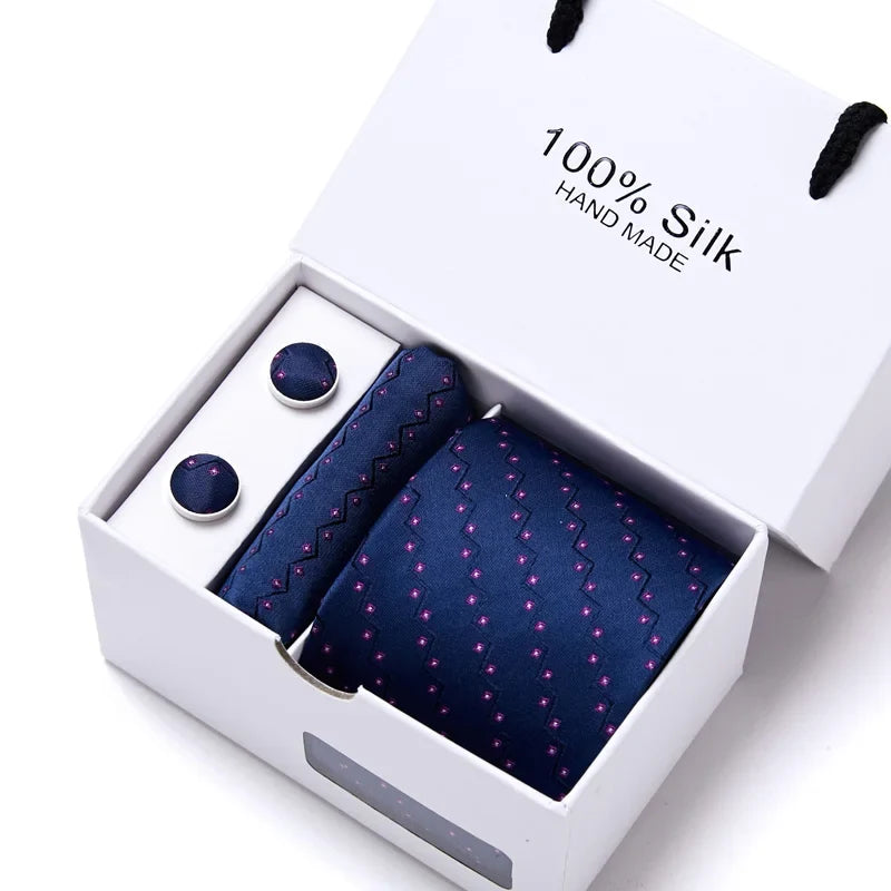 100% Silk Tie Gift Set - Classic Striped Wedding Necktie with Handkerchief for Men